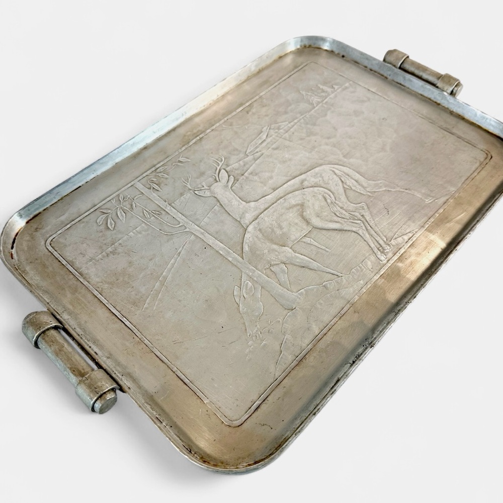 Poor Mans Silver Hammered Aluminum Rectangular Serving Tray Deer/Cabin OOAK